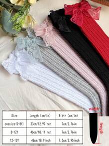 5 Pairs Girls Solid Color Bow Knee High Socks, Suitable For 3-16 Years Old Girls Daily Life, Autumn/Winter - Multicolor - View 2