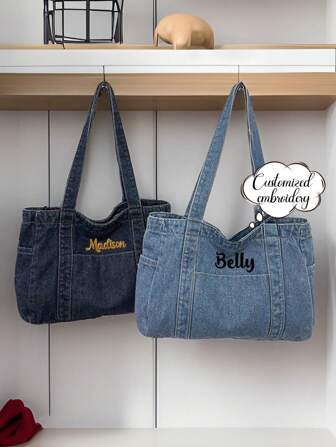 1 Personalized Embroidered Custom High-Quality Blue Canvas Handbag, Women's High-Capacity Commuting/Work/Shopping Shoulder Bag, Minimalist Design, Fashionable And Versatile Shoulder Bag, Mobile Phone Charger, Key, Lipstick, Cosmetics And Other Item Storage Bag, Convenient For Travel And Carrying Bags Ladies, Letter, Portable, Multifunction, Versatile