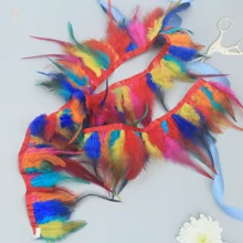 1-Meter Feather Red Tip Rooster Feather Trimmed Fabric Ribbon, Headpiece, Party Decoration, Masquerade Ball, Stage Performance, DIY Craft Supplies