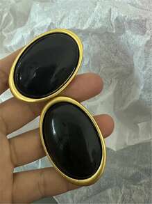 1 Cặp bông tai đinh tán bằng nhựa hình bầu dục kim loại cổ điển, trang sức to bản cho phụ nữ - Đỏ - Xem 3