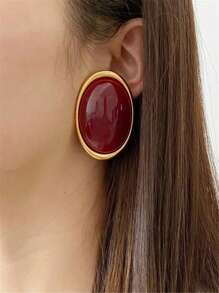 1 Cặp bông tai đinh tán bằng nhựa hình bầu dục kim loại cổ điển, trang sức to bản cho phụ nữ - Đỏ - Xem 1
