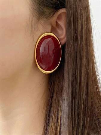 1 par de pendientes de botón vintage con forma ovalada exagerada de metal y resina, joyas voluminosas para mujeres
