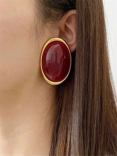 1 Par de Brincos de Botão de Metal Oval Vintage Exagerado com Resina, Joias Grossas para Mulheres