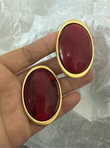 1 Cặp bông tai đinh tán bằng nhựa hình bầu dục kim loại cổ điển, trang sức to bản cho phụ nữ - Đỏ - Xem 2