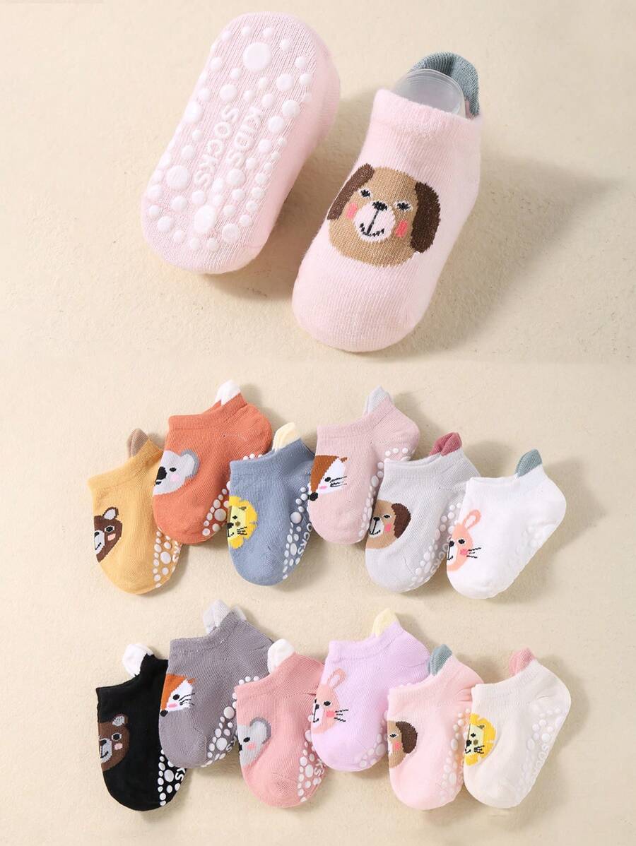 12 Pairs Of Non-Slip Gel Baby Socks Cute Little Ears Cartoon Kids Solid Color Boat Socks Boys Girls Casual Socks - 彩色 - 查看 1
