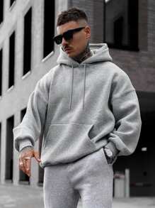 Men Autumn Solid Color Drop Shoulder Long Sleeve Drawstring Hoodie And Sweatpants Casual Loose Set - Grey - View 3