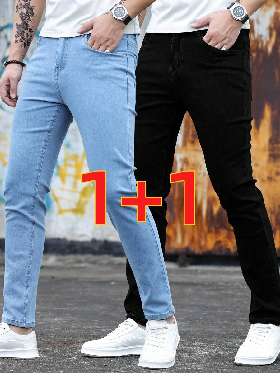 2 Packungen Herren Pure schwarz Skinny Jeans mit Stretch, Slim Fit Lässig Hose, Washed Hellblau Jeans, Pure schwarz Lässig Street Style, modisch und vielseitig