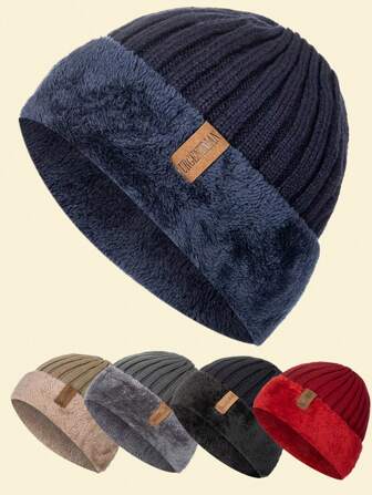 URGENTMAN 1pc Men's Letter Decor Warm Knitted Beanie, Thickened & Thermal Lined, Fashion Winter Christmas Hat Men Beanie Ski Hat