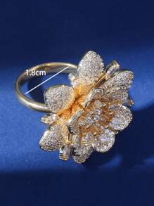 Copper Zirconia Stone Big Flower Ring, Fashion Adjustable Knuckle Ring Suitable For Party, Daily Wear And Holiday Gift