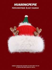 1pc Plush Reindeer Horn Christmas Hat, Warm Knitted Beanie Unisex - Multicolor - View 5
