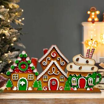 1Pc/125Pcs Christmas House Wooden Tabletop Decor Tiered Tray Decorations Rustic Winter Christmas House Sign For Farmhouse Xmas Party Table Decor(Without Tray)