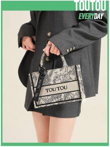 TOUTOU Túi Tote vải Jacquard nguyên bản, họa tiết ruy băng trang trí cổ điển thanh lịch, sang trọng, thiết kế lấy cảm hứng từ túi xách và túi đeo chéo, sản phẩm thiết yếu cho mùa thu, túi xách quai trên thêu nhẹ, trang phục công sở thường ngày - màu đen - Xem 4