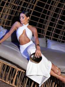 Set For Casual Events, Low-Cut Cropped Top, Braided At The Neck With Long Skirt, Suplex Fabric, Modern Style, Elegant, Sensual, Beautiful, Party, Club, Chic, For Christmas And New Year, Promotion - 白色 - 查看 3