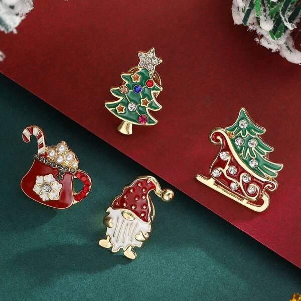 4pcs Fashionable Rhinestone Embellished Christmas Tree & Sleigh Shaped Cute Christmas Theme Brooch Set
