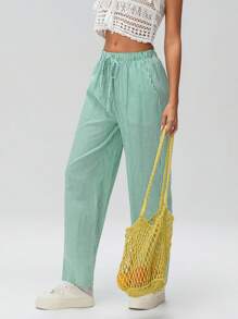 Women's Casual Stripe Print Wide Leg Pants Drawstring Elastic Waist Loose Straight Leg Long Pants With Pockets Streetwear