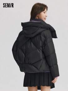 SEMIR 女士宽松拼色夹克，连帽冬季外套 - 黑色 - 查看 3