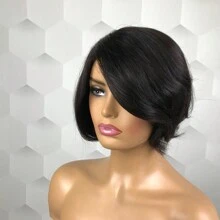 Tóc giả cắt bob Pixie ngắn màu đen cho phụ nữ Tóc giả bằng tóc thật Brazil nguyên chất Tóc giả bằng tóc thật mật độ 150% Phần bên được nhổ sẵn với tóc con Tóc giả làm bằng máy hoàn chỉnh Tóc giả dự tiệc Halloween - Tự nhiên & Đen - Xem 3