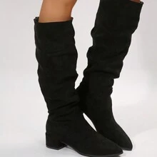 Women Ruched Mid-Calf Chunky Heel Boots, Black Fashion Comfy Pull-On Knee High Heeled Boots