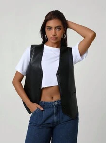 女式复古休闲宽松黑色 PU 皮革背心无袖 V 领夹克，秋冬简约风格，适合日常穿着，适合圣诞节和新年派对情人节的纽扣式装扮