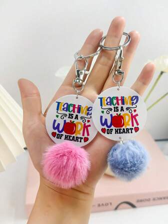 1 pieza Llavero colorido con texto en inglés, llavero de acrílico con bola de pelo, regalo del Día del Maestro