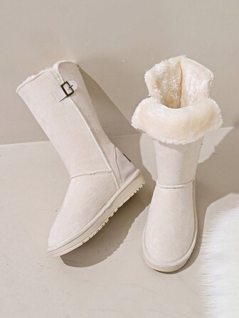 Women's Solid Color Casual Fashionable Korean Style Thigh-High Snow Boots, Stylish Plush Lining Winter Boots, Comfortable Side Zipper Ankle Boots