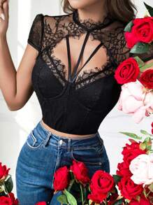 Sexy Lace Eyelash Guarnição Em Torno Do Pescoço Figura-Hugging Corset Bralette, Chic Street Style