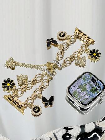 1개 여성용 패션 애플워치 스트랩 골드 팔찌, 금속 더블 체인, 애플워치 시리즈 10/9/8/7/SE/6/5/4, 38mm 40mm 41mm 42mm 44mm 45mm 46mm 49mm 호환, 그녀를 위한 스마트워치 밴드 팔찌 손목밴드, 선물용, 조절 가능한 애플워치 스트랩