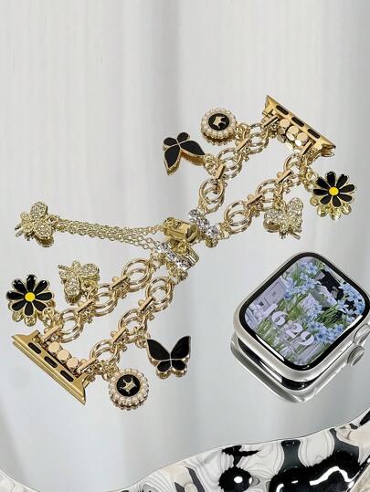 1条时尚表带，金色链条，女士款，双金属链条，兼容 Series 10/9/8/7/SE/6/5/4，尺寸38mm/40mm/41mm/42mm/44mm/45mm/46mm/49mm，智能手表表带，女士手链腕带，适合作为礼物或送给朋友，可调节表带