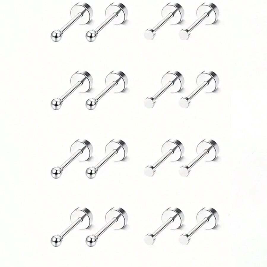 16 Bông tai hình bánh bi mini 2mm - Unisex - Thiết kế mặt phẳng - Zirconia tự nhiên - Mạ vàng 18K - Bạc - Xem 1