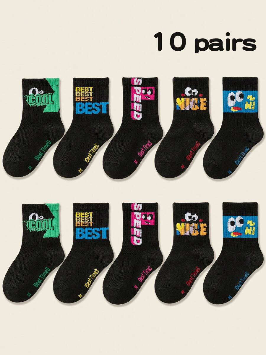 10 Pairs Kids Boys/Girls Spring Autumn Casual Black/Colorful "BEST" Letter, Cute Eyes, Expressions Patterned Thin Socks, Fashion Mid-Length Crew Socks For Children - Multicolor - View 1