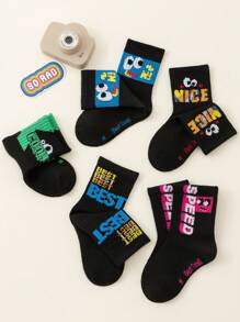 10 Pairs Kids Boys/Girls Spring Autumn Casual Black/Colorful "BEST" Letter, Cute Eyes, Expressions Patterned Thin Socks, Fashion Mid-Length Crew Socks For Children - Multicolor - View 3