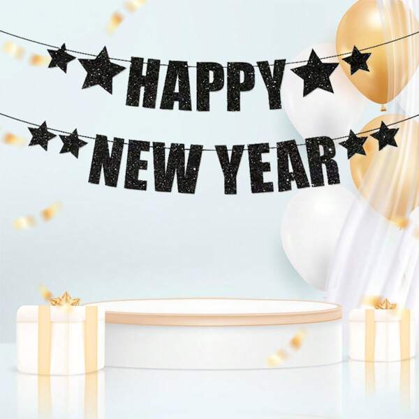 Happy New Year Gold & Silver Glitter Letter Background Decorative Banner