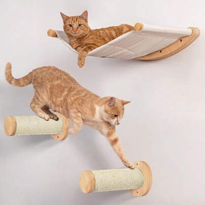 3 peças/conjunto de poleiro de rede de madeira para gatos, inclui 1 rede para gatos e 2 postes de arranhar para gatos, montado na parede para gatos para dormir, brincar e escalar, carga máxima de 12 kg (26 lb)