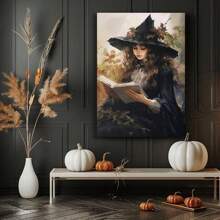 Whimsical Witches Read In Magical Fall Forest Watercolor Canvas Wall Art, Witch Art, Witch Wall Art, Dark Cabin Nuclear Halloween Decorations