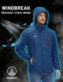Men's Hooded Raincoat Waterproof Outdoor Hiking Jacket Casual Work Coat Outerwear - 牛仔藍 - 查看 2