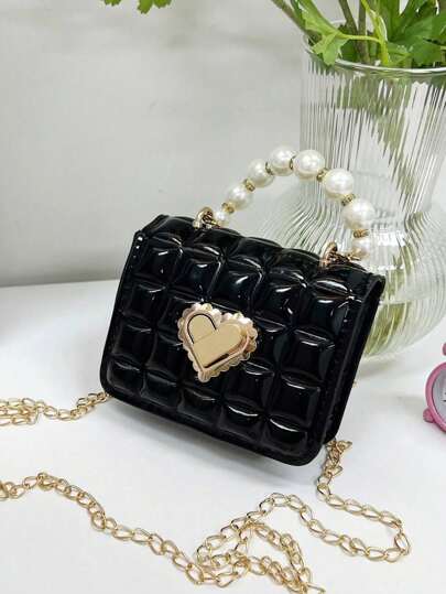 Kids Mini Faux Pearl Decor Quilted Chain Quilted Square Satchel Purse, With Faux Pearl Top Handle, Suitable For Lipstick Black Purse, Black Bag, Teacher Gift, Holiday, Vacation, Perfect Fit