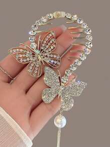 3件套女士合金仿珍珠水钻蝴蝶花朵流苏高马尾发夹高端简约发髻装饰时尚发爪优雅甜美发饰适合日常使用发爪发夹发卡，适合上学、大学、珍珠发饰、度假装扮、蝴蝶结、可爱、派对造型 - 金色 - 查看 7