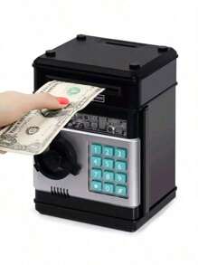 1 pc Caja de ahorros para estudiantes con detección automática de dinero, cajero automático grande, simulación de inteligencia electrónica con bloqueo de huellas dactilares, caja de ahorros creativa de mecanismo grande, cuenta de dinero con validación de billetes y música, código de acceso y desbloqueo por huellas dactilares - Negro - Ver 1