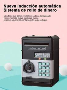 1 pc Caja de ahorros para estudiantes con detección automática de dinero, cajero automático grande, simulación de inteligencia electrónica con bloqueo de huellas dactilares, caja de ahorros creativa de mecanismo grande, cuenta de dinero con validación de billetes y música, código de acceso y desbloqueo por huellas dactilares - Negro - Ver 2