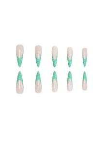 Hộp 24 móng tay nhọn dài, màu nền nude với họa tiết xoáy 3D màu xanh lam-xanh lục tươi sáng và hiệu ứng giọt nước, bộ móng tay giả kèm dũa móng và keo dán, hoàn hảo cho phụ nữ, thể hiện phong cách độc đáo và táo bạo cho các bữa tiệc và buổi tụ họp, thêm nét quyến rũ cho đầu ngón tay của bạn. - màu xanh lá - Xem 2