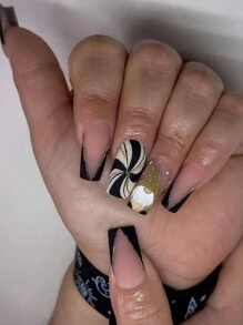 24 chiếc móng tay giả hình vuông cỡ trung bình màu đen mờ, trắng, vàng thiết kế hình ông già Noel, phong cách cổ điển dễ thương thanh lịch, thích hợp để đeo hàng ngày, mùa đông - Nhiều màu - Xem 1