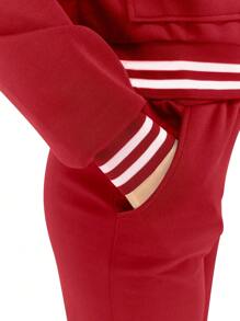 Women's Solid Color Baseball Jacket, Sports Top With Pockets, Outdoor Camping Sports Two-Piece Set, Drawstring Sports Jacket Spring Red Elegant - Red - View 6
