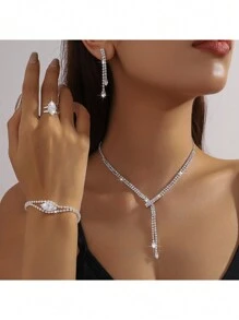 4pcs Fully Rhinestone Simple Necklace, Earring, Bracelet Jewelry Set, Wedding Dress Accessories - Silver - View 1