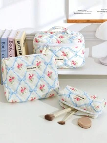 1 件，花卉和蝴蝶结别致化妆包，柔软绗缝化妆品收纳袋，配有坚固拉链，宽敞的便携式旅行袋，大容量多功能收纳袋，适用于日常必需品和旅行 - 彩色 - 查看 5