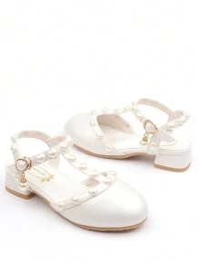 Girls' White Pearl Studded Sandals High Heels Princess Dress Shoes