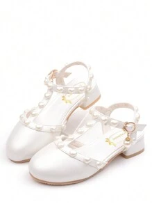 Girls' White Pearl Studded Sandals High Heels Princess Dress Shoes