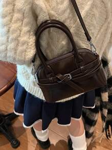 Bolsa de Ombro com Fivela Moderna Feminina, Bolsa de Moda Retrô, Couro PU Brilhante