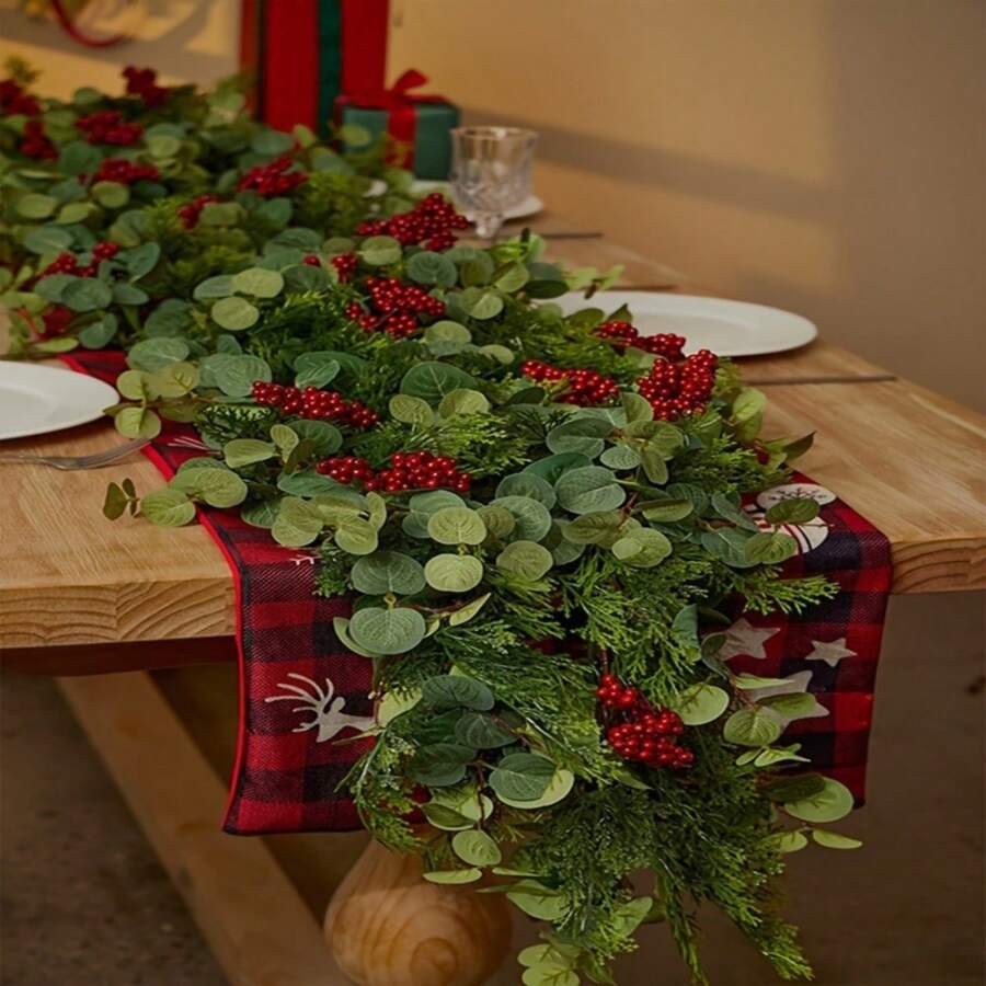 1 vòng hoa Giáng sinh nhân tạo - Cây thông & cây bách chân thực với lá khuynh diệp và quả mọng đỏ, hoàn hảo cho trang trí ngày lễ trong nhà/ngoài trời, trang trí Giáng sinh - Nhiều màu - Xem 1