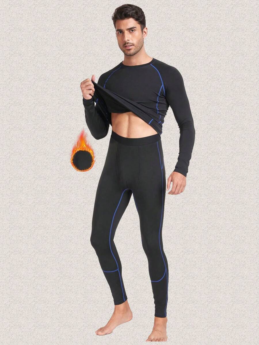 男士保暖内衣、上衣和裤子套装，男士长裤，带保暖内衬狩猎装备底层裤子 - 黑色 - 查看 1