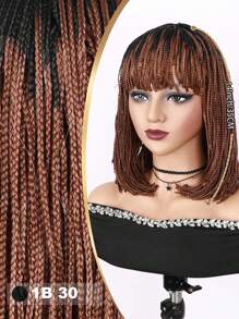 14 Inch Short Braided Wig With Bangs Synthetic Wigs For Women Ombre Brown Wig Braiding Hair Heat Resistant Fiber Glueless Wig Daily Use Cosplay Wig - Brown Ombre - View 3